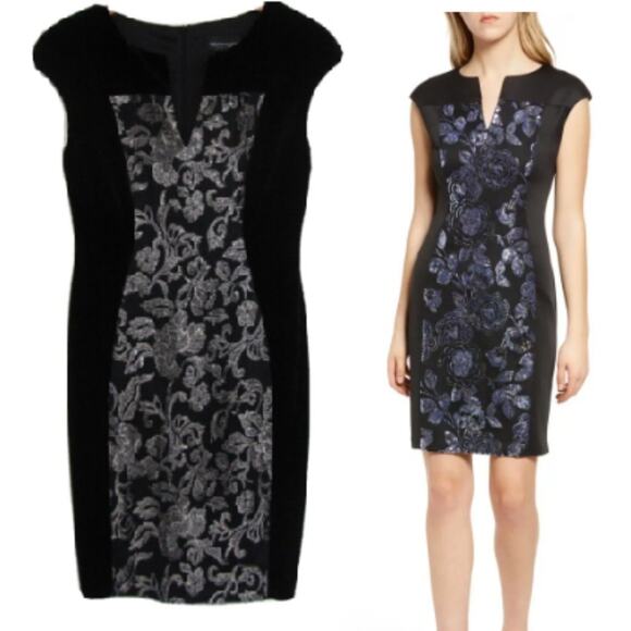 Connected Apparel Black Velvet Sequin Lace Panel Dress - Picture 1 of 5